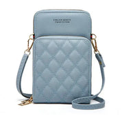 Borsa a tracolla in pelle trapuntata blu, design compatto con tasca frontale, chiusura a zip, ideale per smartphone. Accessorio moda elegante.