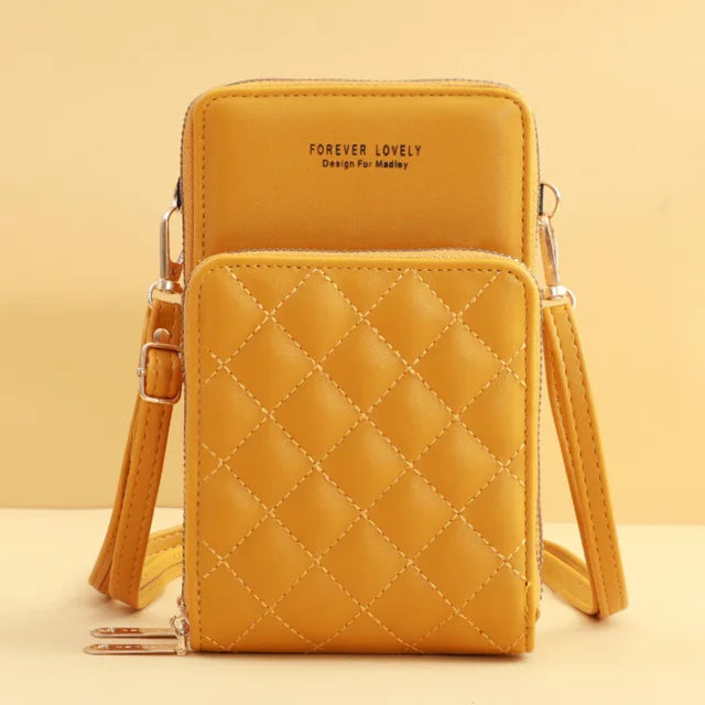 Borsa a tracolla gialla in pelle sintetica, design trapuntato, doppia cerniera, ideale per smartphone e accessori. Elegante e pratica.