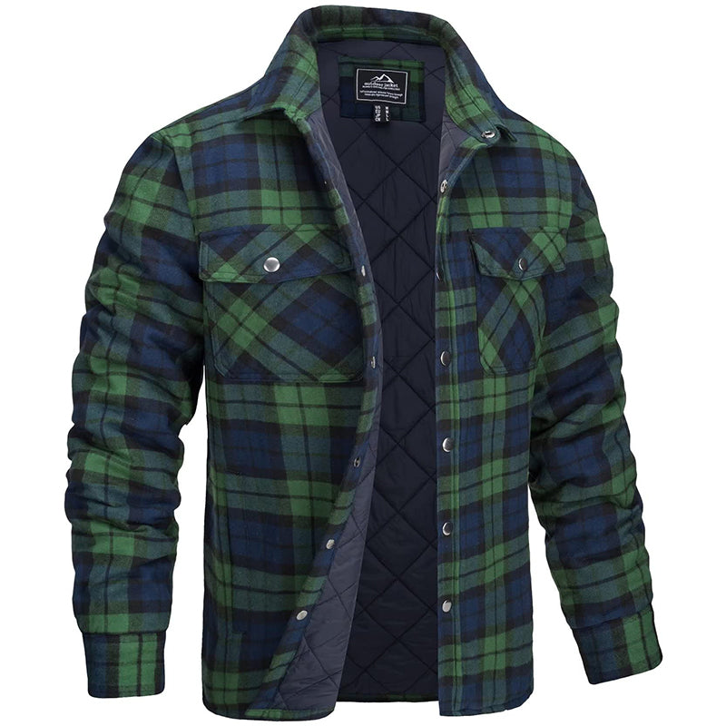 Giacca a quadri verde e blu da uomo, imbottita, con tasche frontali e bottoni a pressione. Stile casual, ideale per l'autunno e l'inverno.