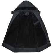 Giacca invernale nera con cappuccio, interno in pelliccia sintetica, chiusura a zip, ideale per uomo, moda casual, calda e resistente.