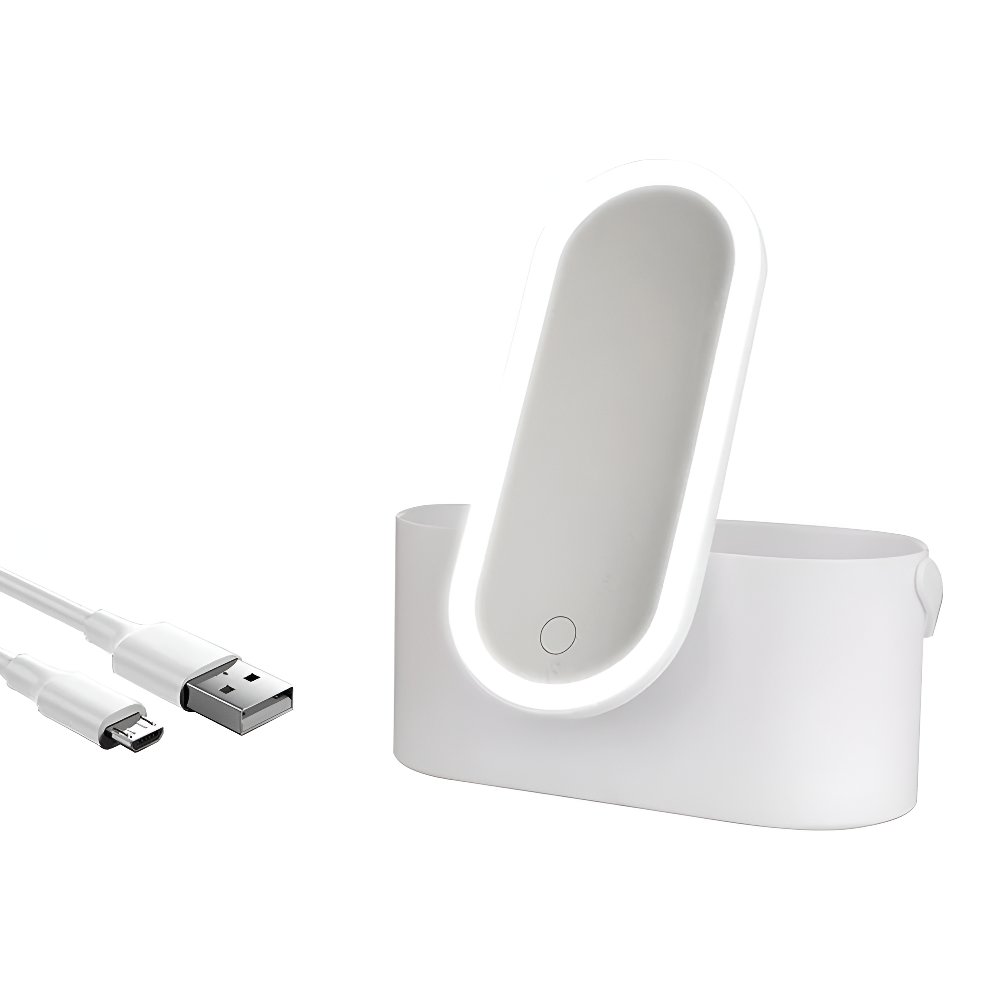 Sterilizzatore UV portatile bianco con cavo USB, ideale per disinfettare smartphone e piccoli oggetti. Tecnologia avanzata, design compatto.