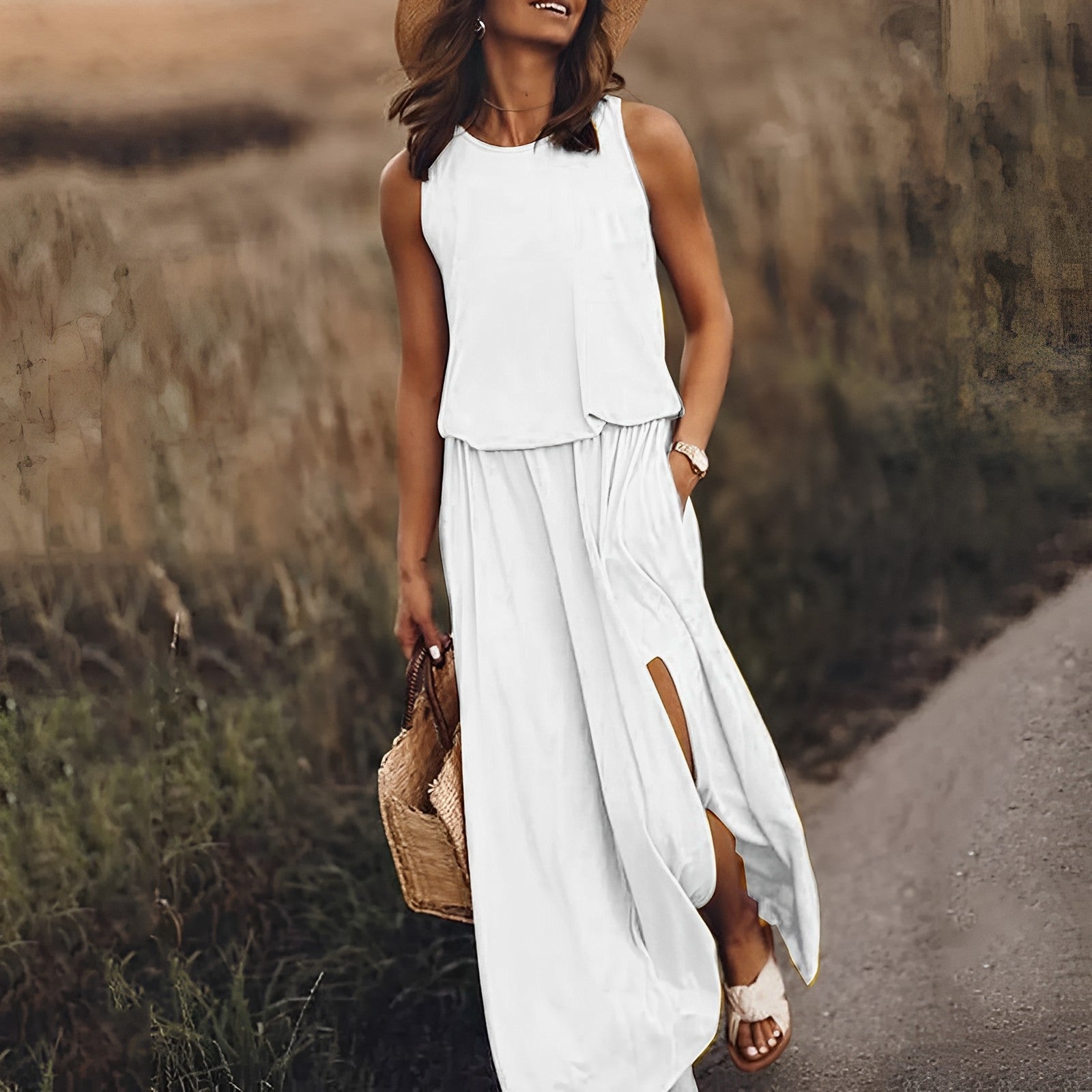 Donna con abito lungo bianco estivo, cappello di paglia e borsa di vimini, cammina su un sentiero. Moda estiva, abbigliamento casual elegante.