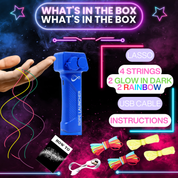 Lancio corde giocattolo blu con accessori: 4 corde (2 fosforescenti, 2 arcobaleno), cavo USB, istruzioni. Gioco interattivo per bambini.