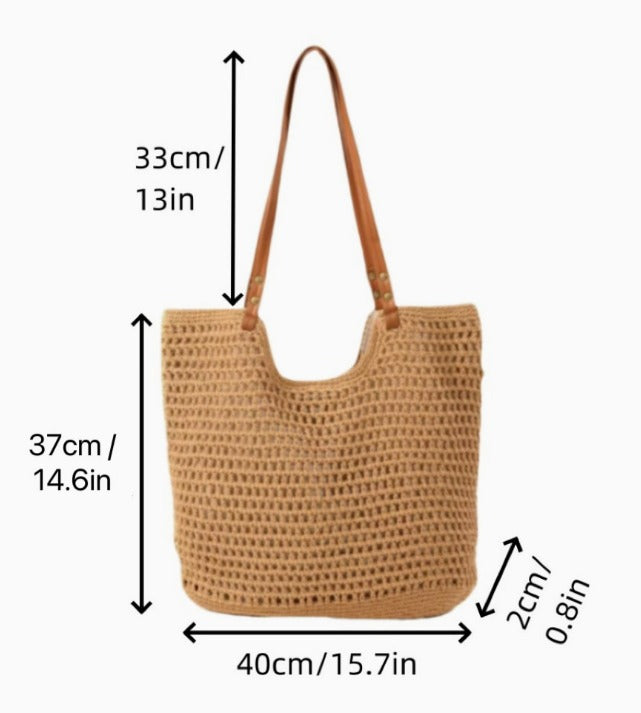 Borsa a tracolla in paglia intrecciata con manici in pelle marrone, dimensioni: 40x37x33 cm. Perfetta per l'estate e lo shopping.