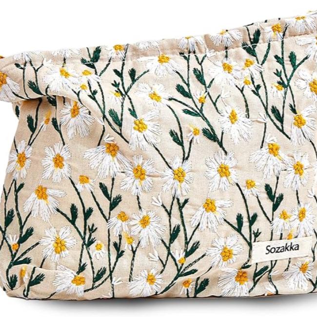 Borsa a tracolla floreale Sozakka, tessuto beige con margherite ricamate bianche e gialle, moda donna, accessorio casual elegante.