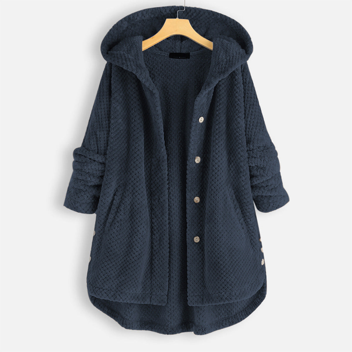 Giacca donna invernale blu scuro con cappuccio, bottoni frontali, tessuto trapuntato, maniche lunghe, design casual. Perfetta per look autunnali.