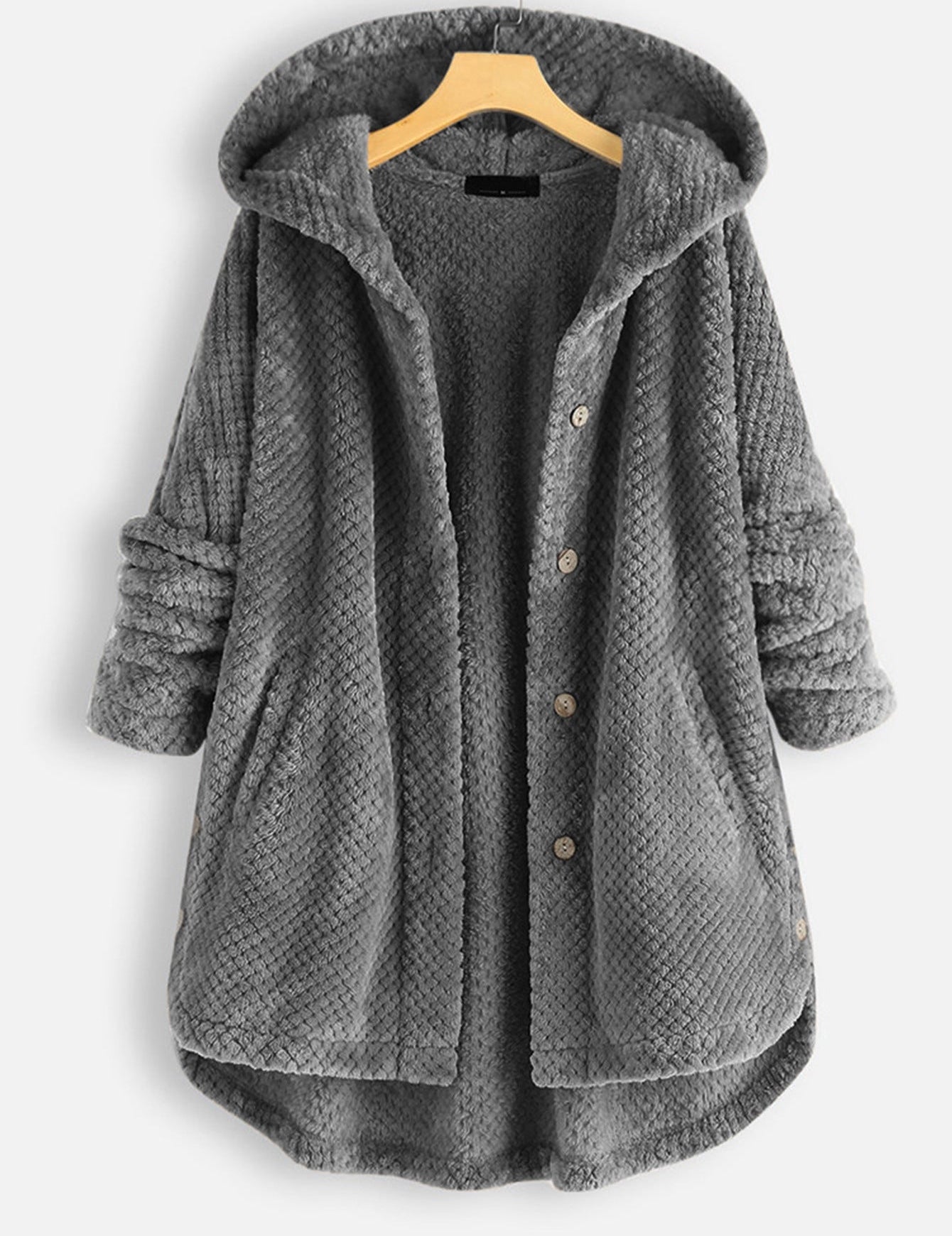Giacca invernale donna grigia con cappuccio, tessuto morbido e bottoni, design casual e caldo, ideale per la stagione fredda.