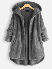 Giacca invernale donna grigia con cappuccio, tessuto morbido e bottoni, design casual e caldo, ideale per la stagione fredda.