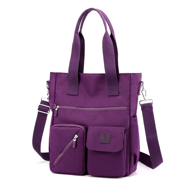 Borsa a tracolla viola in nylon impermeabile con tasche multiple, design moderno e funzionale, ideale per donna, perfetta per lavoro e viaggio.