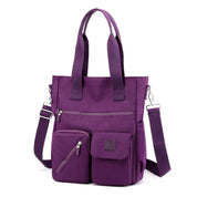 Borsa a tracolla viola in nylon impermeabile con tasche multiple, design moderno e funzionale, ideale per donna, perfetta per lavoro e viaggio.