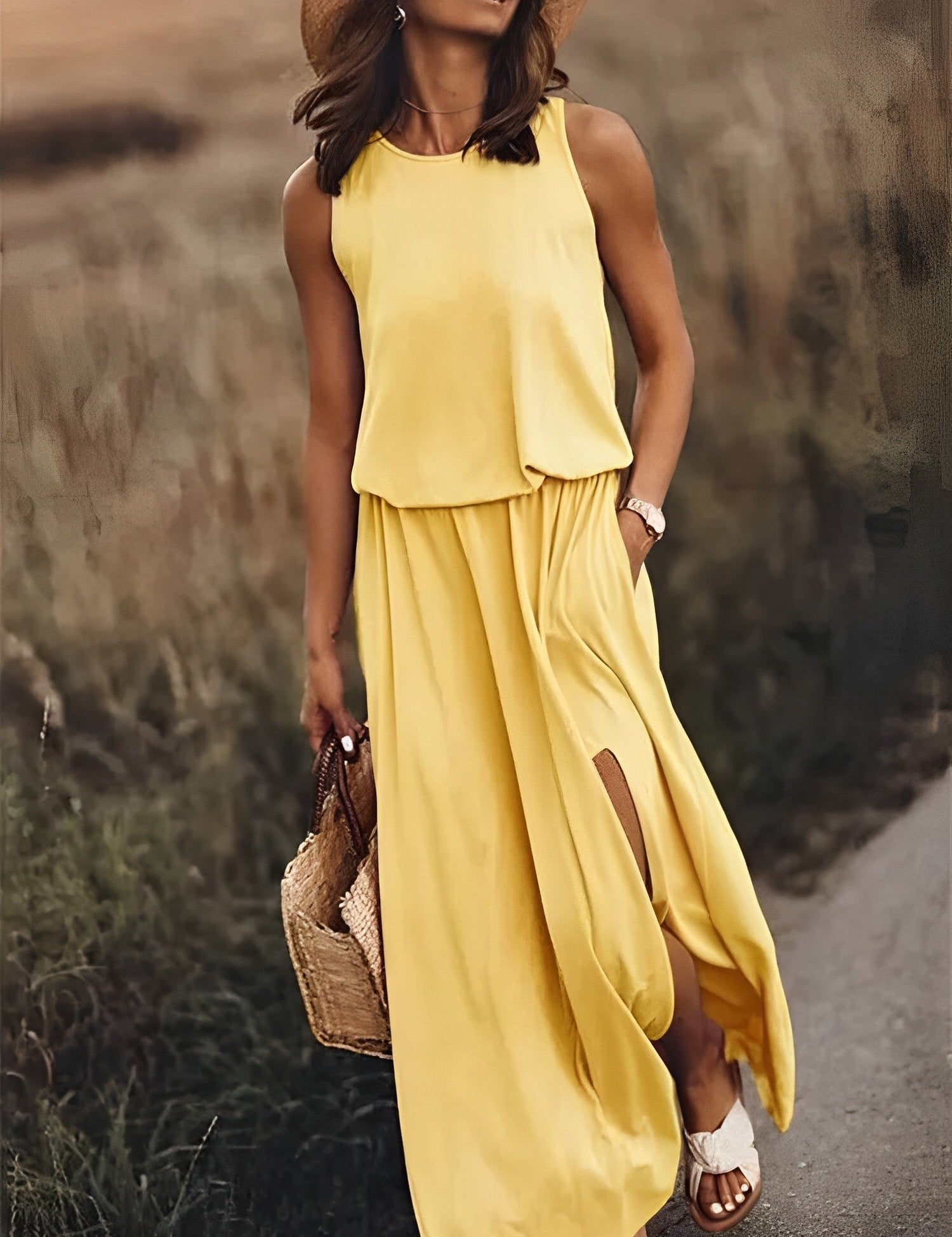 Donna con abito lungo giallo estivo, cappello di paglia, sandali bianchi e borsa di paglia. Moda estiva, abbigliamento casual elegante.