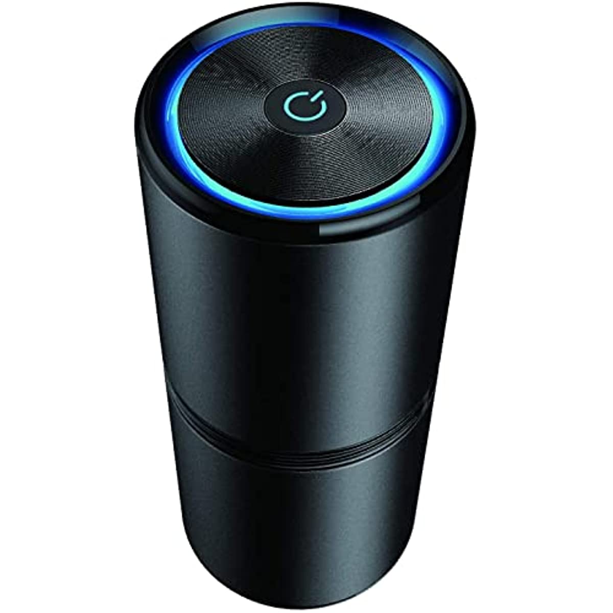 Purificatore d'aria portatile nero con luce LED blu, design cilindrico moderno, ideale per auto e piccoli ambienti. Tecnologia di filtrazione avanzata.