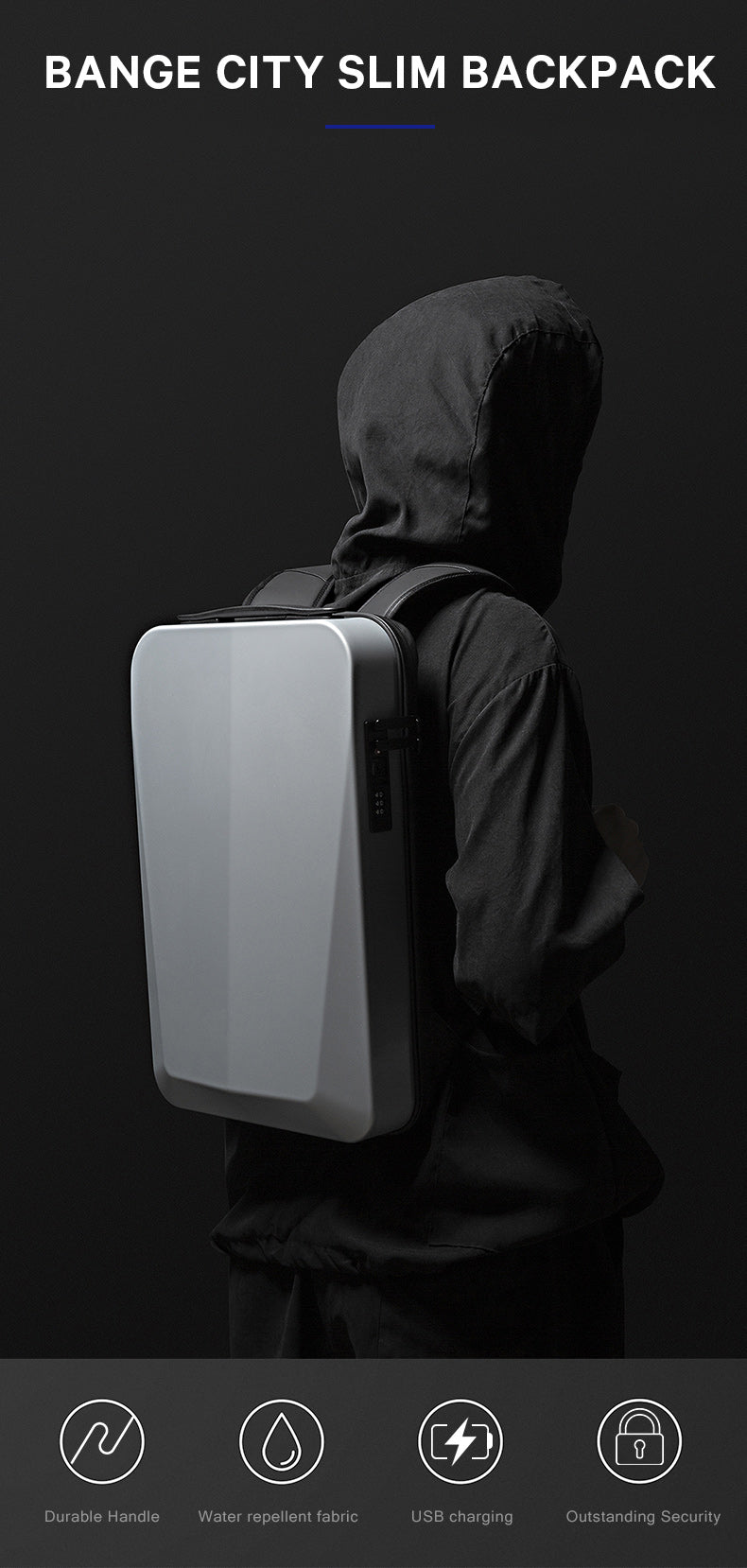 Zaino antifurto BANGE Tech con guscio rigido, lucchetto TSA e porta di ricarica USB 2