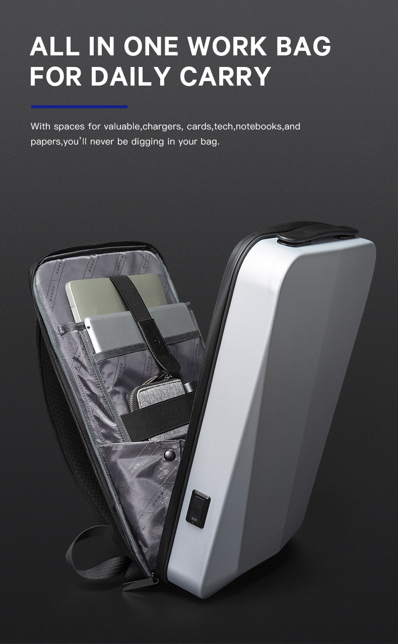 Zaino antifurto BANGE Tech con guscio rigido, lucchetto TSA e porta di ricarica USB 3