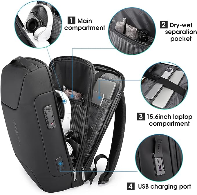 Zaino antifurto BANGE con porta di ricarica USB, zaino da lavoro leggero per uomo e donna 2