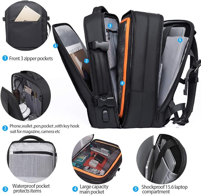 Zaino da viaggio BANGE Weekender, zaino da viaggio espandibile da 45 litri per aerei, zaino convertibile da viaggio, zaino per laptop da 17,3" resistente all'acqua per uomini e donne... 1