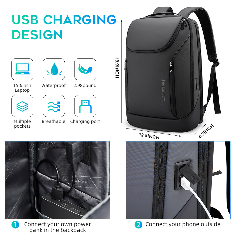 Zaino impermeabile BANGE Business adatto per laptop da 15,6 pollici con ricarica USB 3