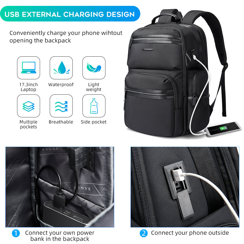 Zaino per laptop BANGE da uomo, zaini da viaggio d'affari con porta di ricarica USB, zaino da viaggio per il weekend 4