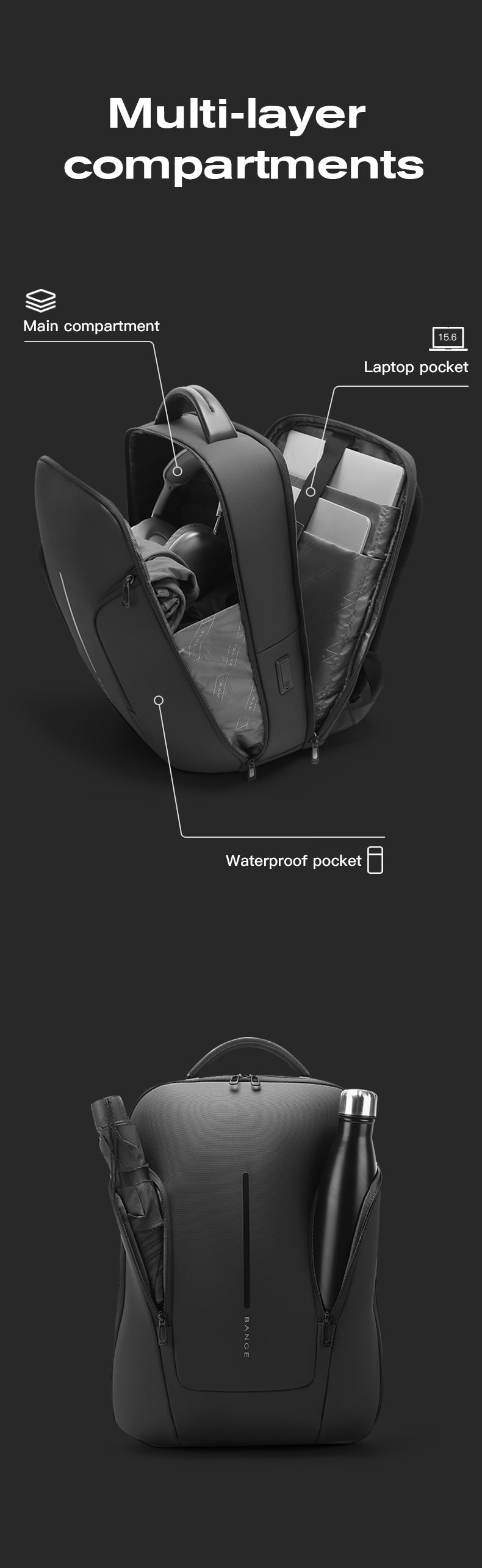 Zaino per laptop urbano impermeabile BANGE, elegante, con porta USB e laptop da 15,6 pollici 6