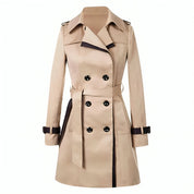 Cappotto trench beige da donna, doppio petto, cintura in vita, dettagli neri, elegante e versatile, ideale per moda autunnale e invernale.