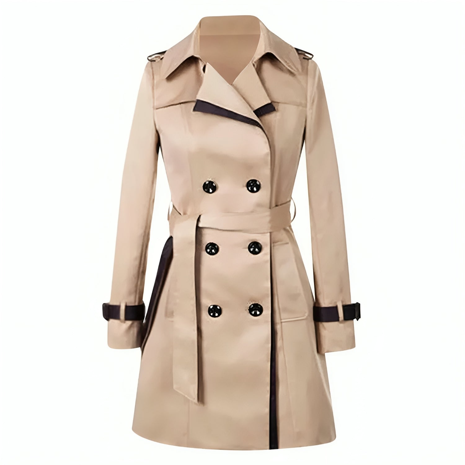Cappotto trench beige da donna, doppio petto, cintura in vita, dettagli neri, elegante e versatile, ideale per moda autunnale e invernale.