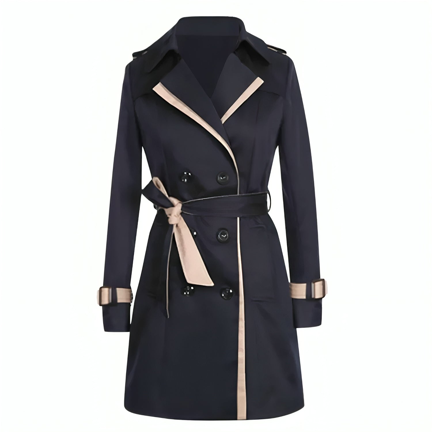 Cappotto trench donna blu scuro con cintura, dettagli beige, doppio petto, elegante e alla moda, ideale per autunno e primavera.