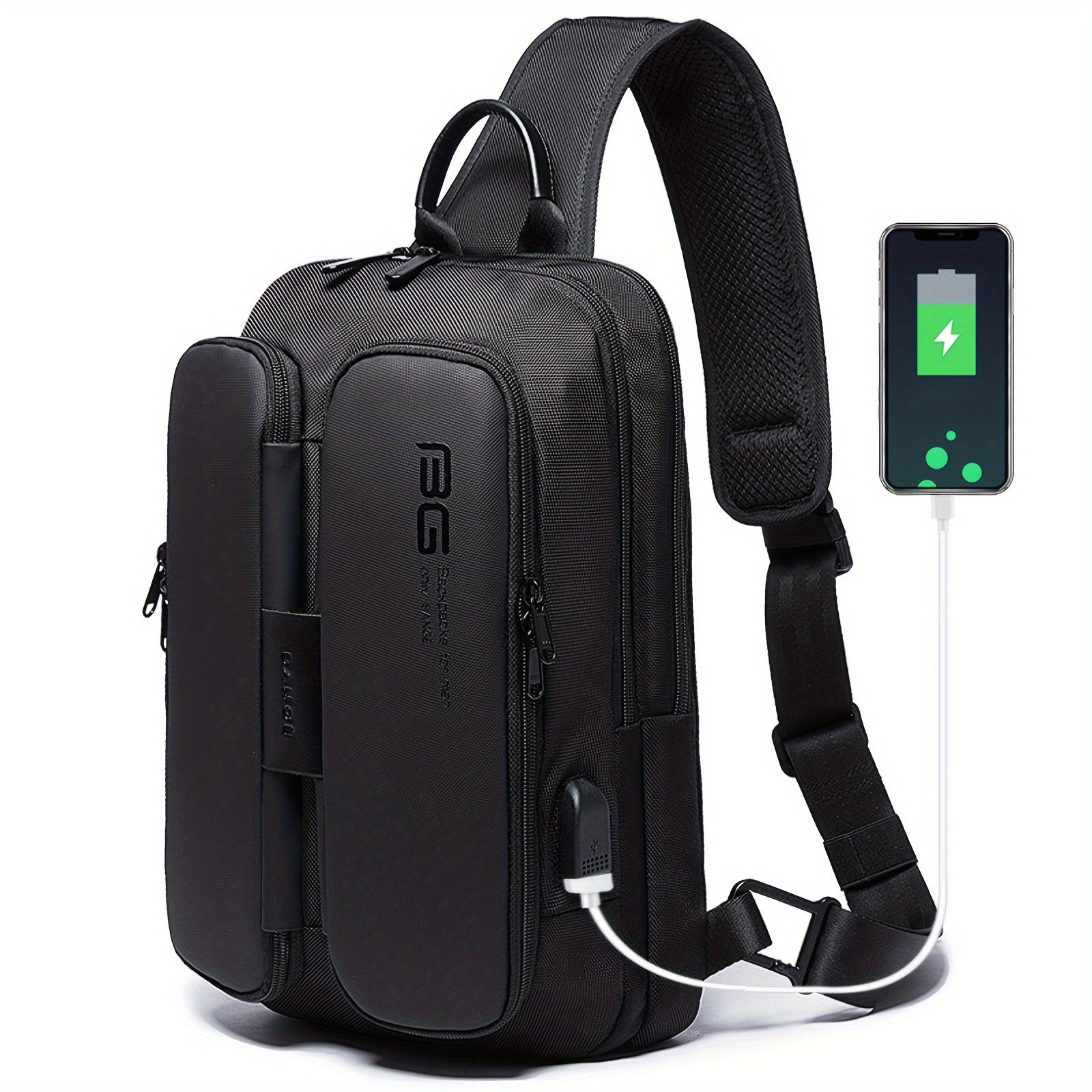 Zaino monospalla nero con porta USB, design moderno, compatto, ideale per viaggi e lavoro. Carica smartphone inclusa. Perfetto per uomo e donna.