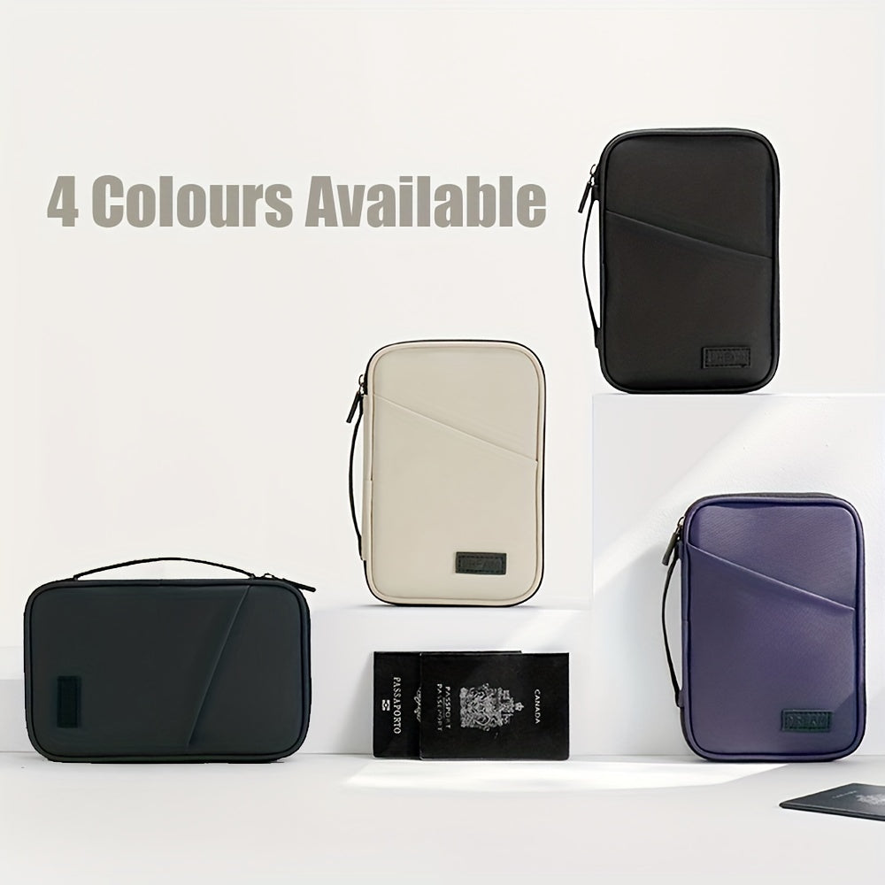 Custodia da viaggio in pelle PU disponibile in quattro colori: nero, bianco, blu e viola. Design elegante con cerniera e tasca esterna.