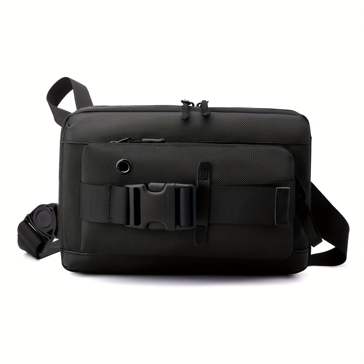 Borsa a tracolla nera in nylon resistente, design moderno con fibbia frontale e cerniere, ideale per viaggi e uso quotidiano.