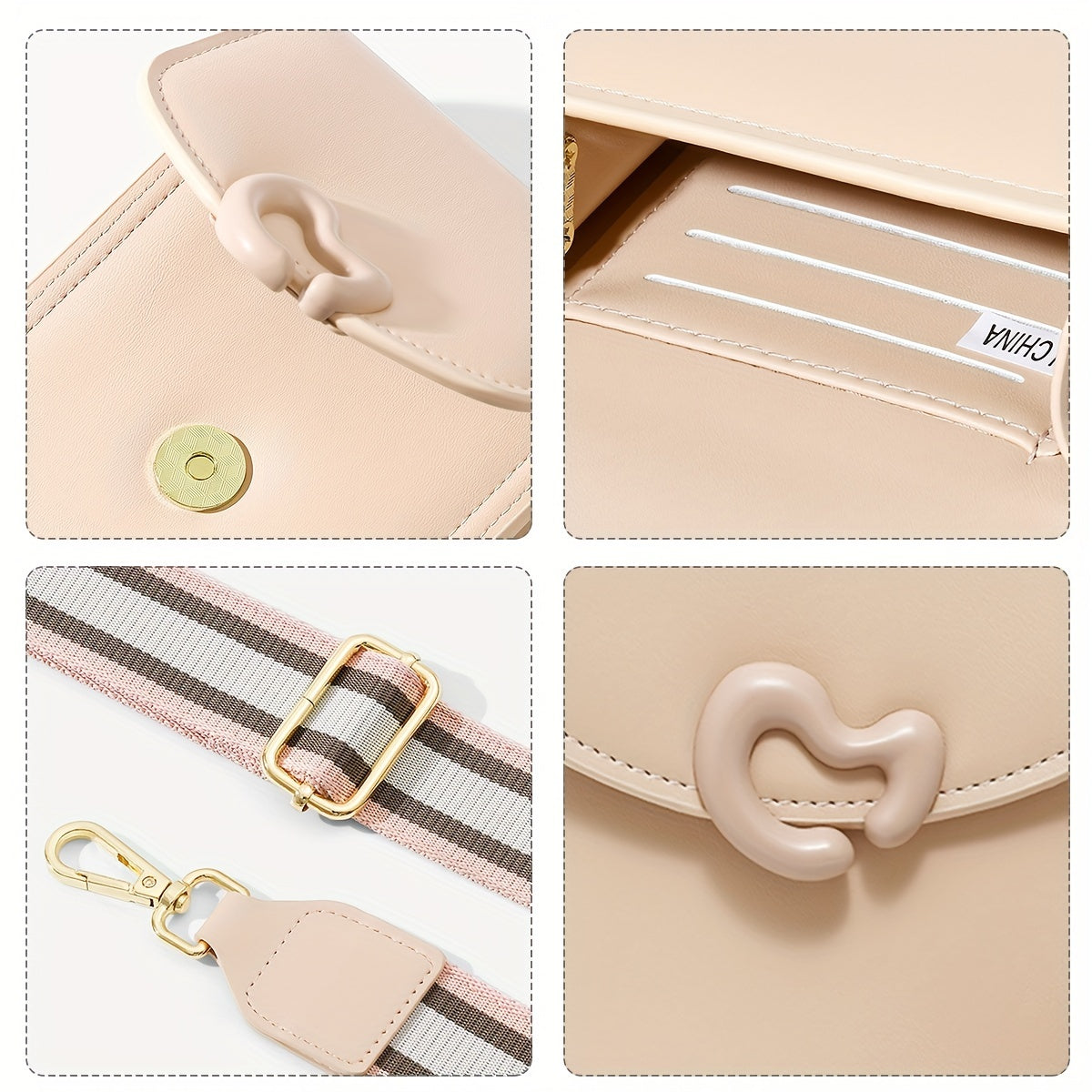Borsa a tracolla beige in pelle sintetica con chiusura a forma di cuore, tasche interne, tracolla regolabile a righe, dettagli dorati.