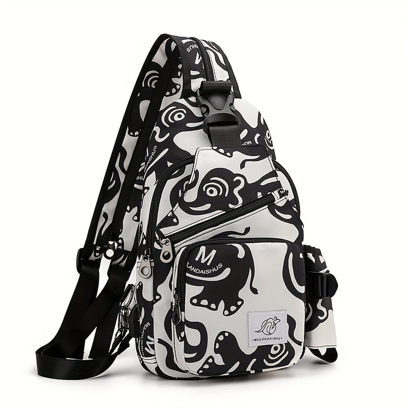 Zaino a tracolla bianco e nero con stampa astratta, tasche multiple e chiusura a zip. Design moderno, ideale per scuola e tempo libero.
