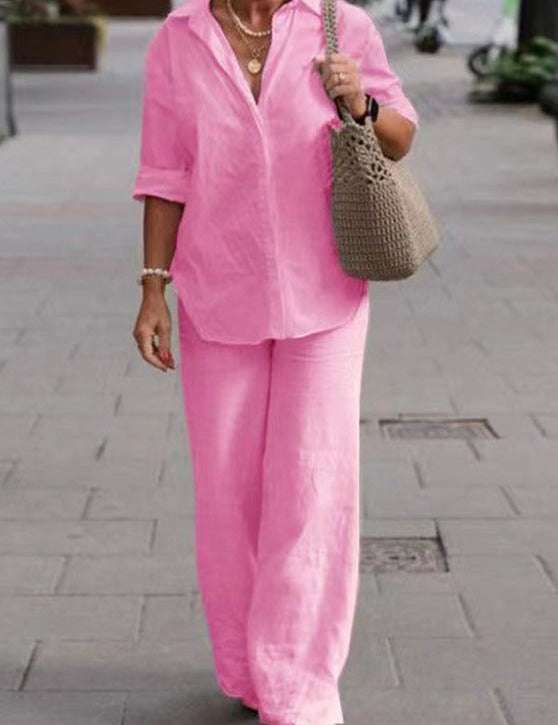 Livia - Elegantissimo Completo in Cotone: Camicia e Pantaloni Abbinati!
