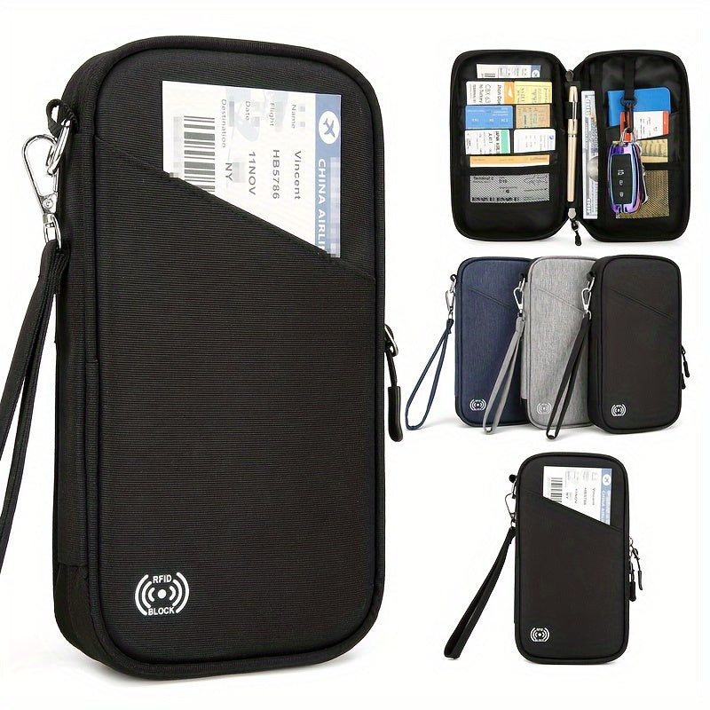 Portafoglio da viaggio RFID nero, con tasche multiple per passaporti e biglietti, disponibile in vari colori. Ideale per viaggi sicuri e organizzati.