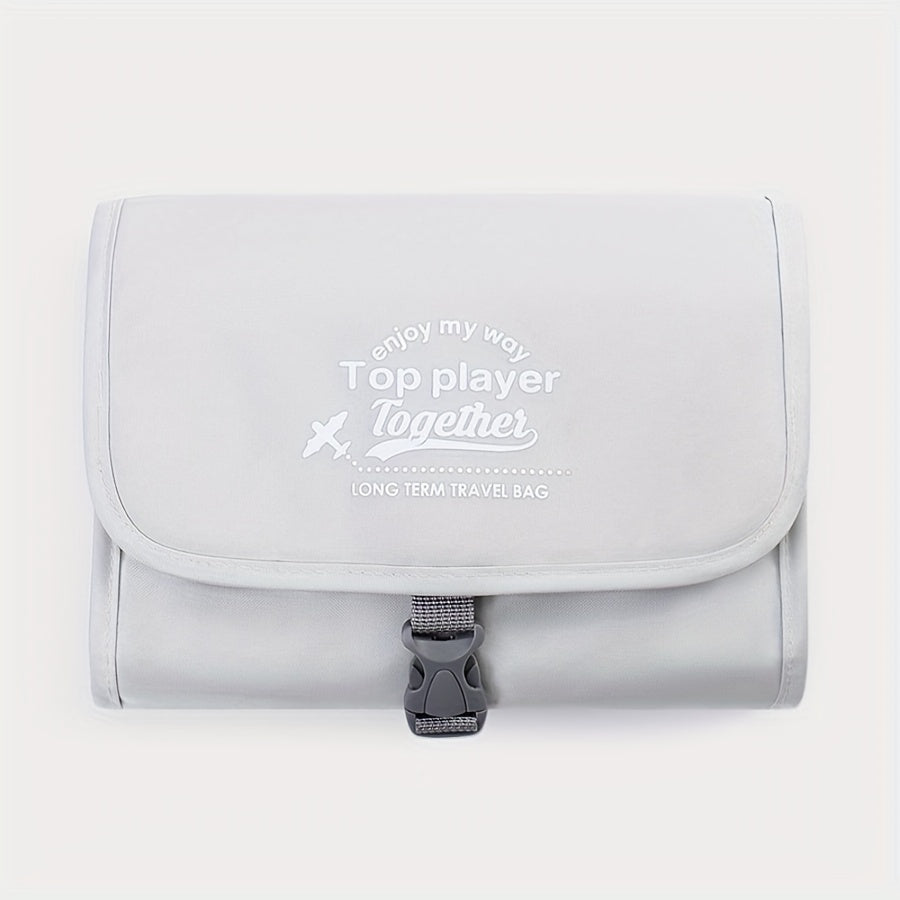 Borsa da viaggio grigia con chiusura a fibbia, scritta "Top player Together". Ideale per viaggi a lungo termine. Design compatto e funzionale.