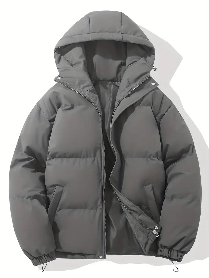 Giacca invernale imbottita grigia con cappuccio, zip frontale e tasche laterali. Ideale per uomo, moda casual, abbigliamento caldo.