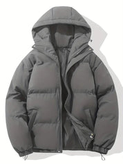 Giacca invernale imbottita grigia con cappuccio, zip frontale e tasche laterali. Ideale per uomo, moda casual, abbigliamento caldo.