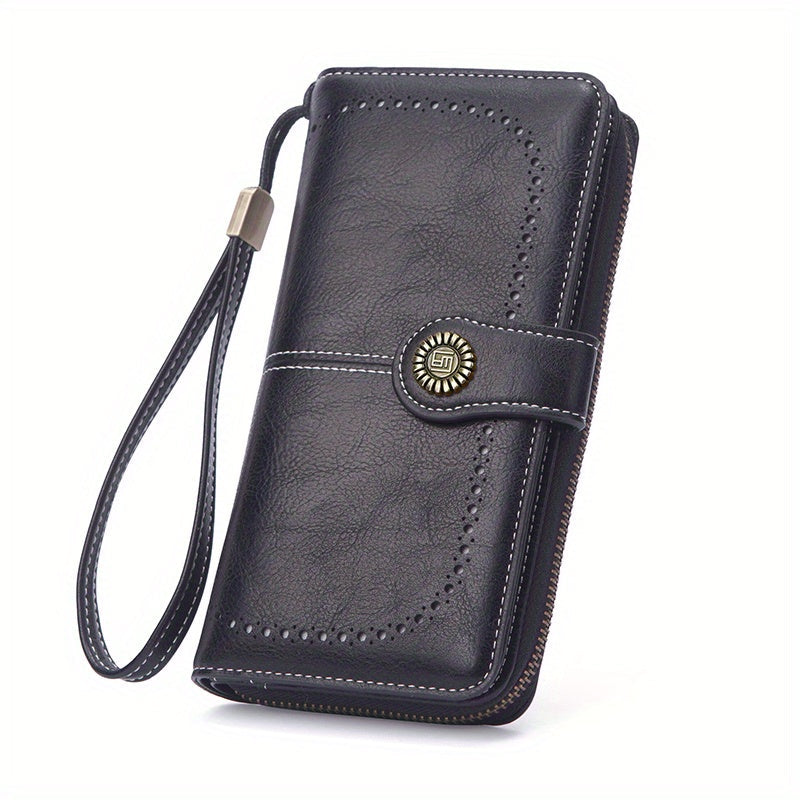 Portafoglio in pelle nera con cinturino da polso, chiusura a bottone decorativa, design elegante e funzionale, ideale per uomo e donna.