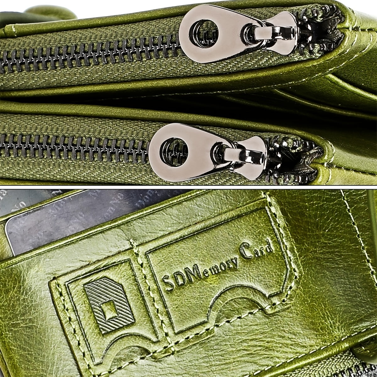Portafoglio in pelle verde con doppia cerniera e scomparto per scheda SD. Design elegante e funzionale, ideale per organizzare carte e contanti.