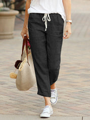  Pantaloni di lino femminile - vestito rilassato - vita coulisse - abbigliamento casual a tutta lunghezza-6
