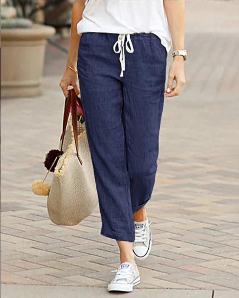  Pantaloni di lino femminile - vestito rilassato - vita coulisse - abbigliamento casual a tutta lunghezza-3