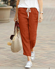  Pantaloni di lino femminile - vestito rilassato - vita coulisse - abbigliamento casual a tutta lunghezza-4
