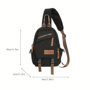 Zaino monospalla nero Chuangmi, dimensioni 30x18x13 cm, con tasche multiple e dettagli in pelle marrone. Ideale per viaggi e uso quotidiano.