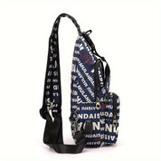 Zaino a tracolla nero con stampa bianca "MULLANDAISHU", tasche multiple, cinghie regolabili. Perfetto per scuola, viaggio, uso quotidiano.