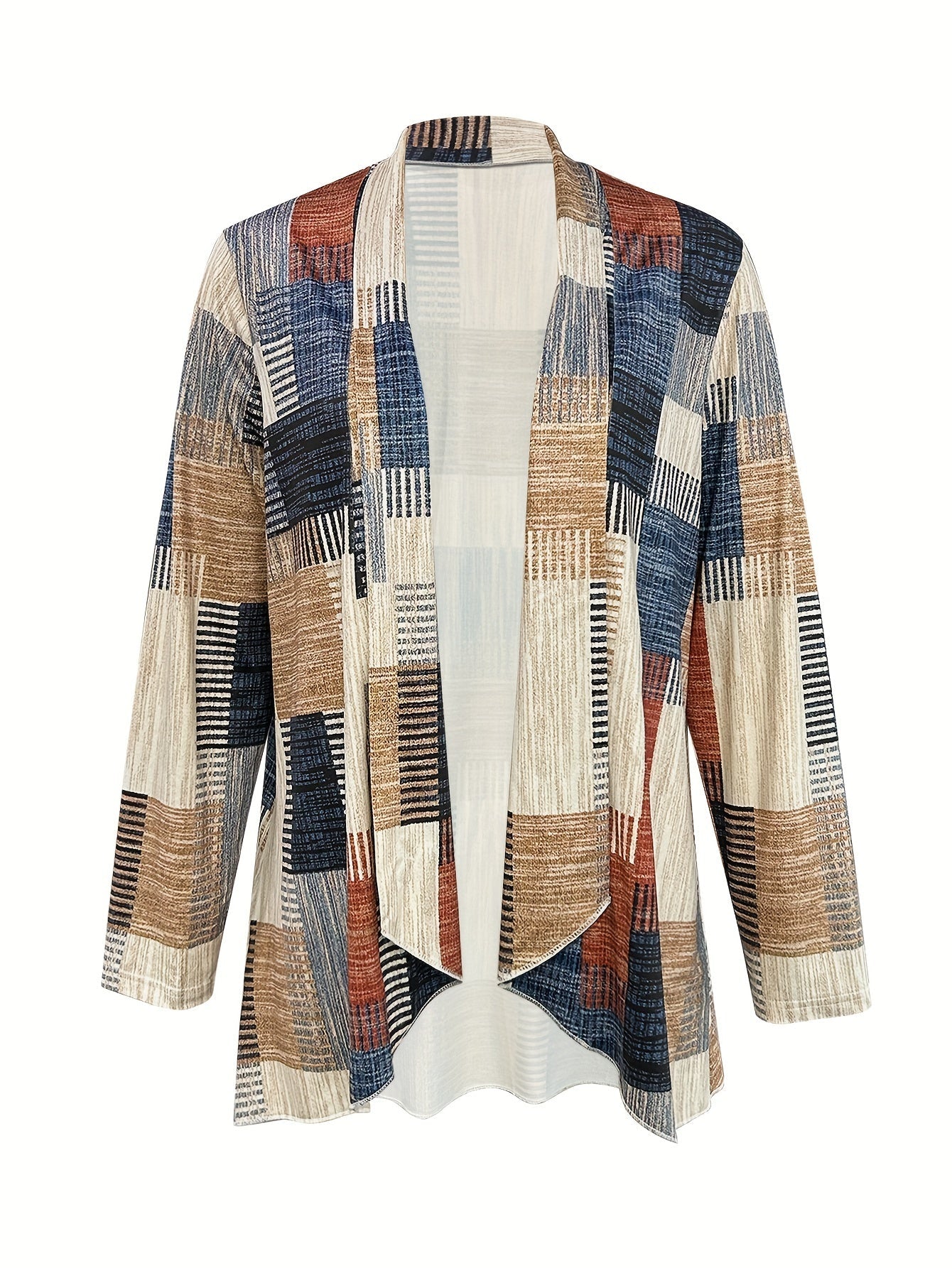 Cardigan aperto a quadri multicolore per donna, design geometrico, tessuto leggero, ideale per moda autunnale e primaverile.