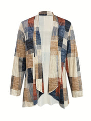 Cardigan aperto a quadri multicolore per donna, design geometrico, tessuto leggero, ideale per moda autunnale e primaverile.