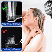 Doccia a risparmio idrico Newentor, donna sotto getto d'acqua, confronto con doccia tradizionale. Soffione doccia alta pressione, efficienza energetica.