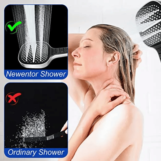 Doccia a risparmio idrico Newentor, donna sotto getto d'acqua, confronto con doccia tradizionale. Soffione doccia alta pressione, efficienza energetica.