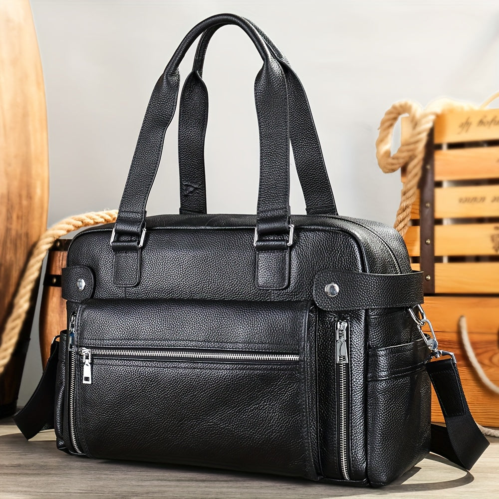 Borsa a tracolla in pelle nera, design elegante con tasche multiple e cerniere, ideale per lavoro e viaggio. Accessorio moda uomo di alta qualità.