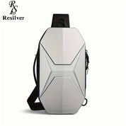 Zaino antifurto Resilver, design geometrico, colore bianco, con cerniere nascoste e spallacci regolabili. Ideale per viaggi e sicurezza urbana.