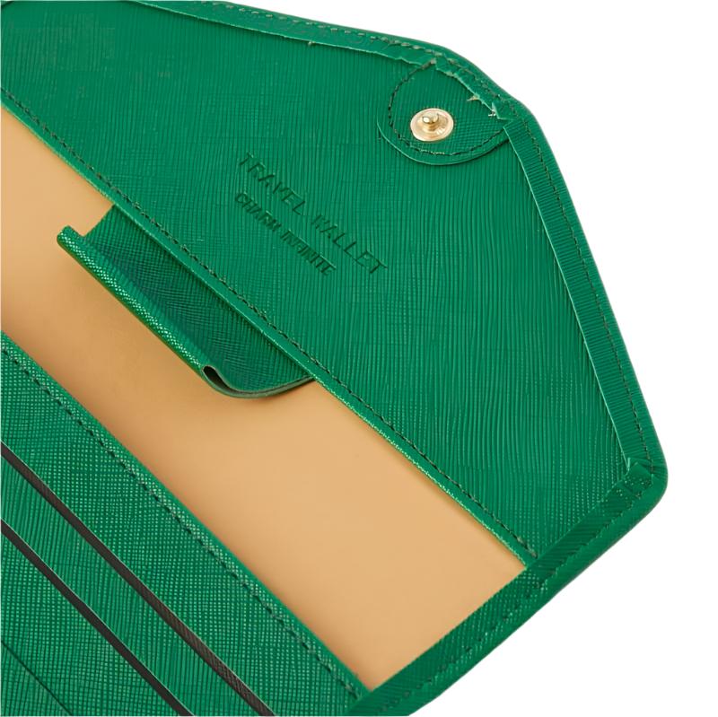 Portafoglio donna verde in pelle saffiano, design elegante con chiusura a bottone dorato, interno beige, ideale per moda e accessori di lusso.